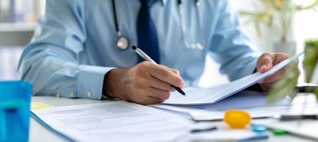 Doctor completing personal injury paperwork